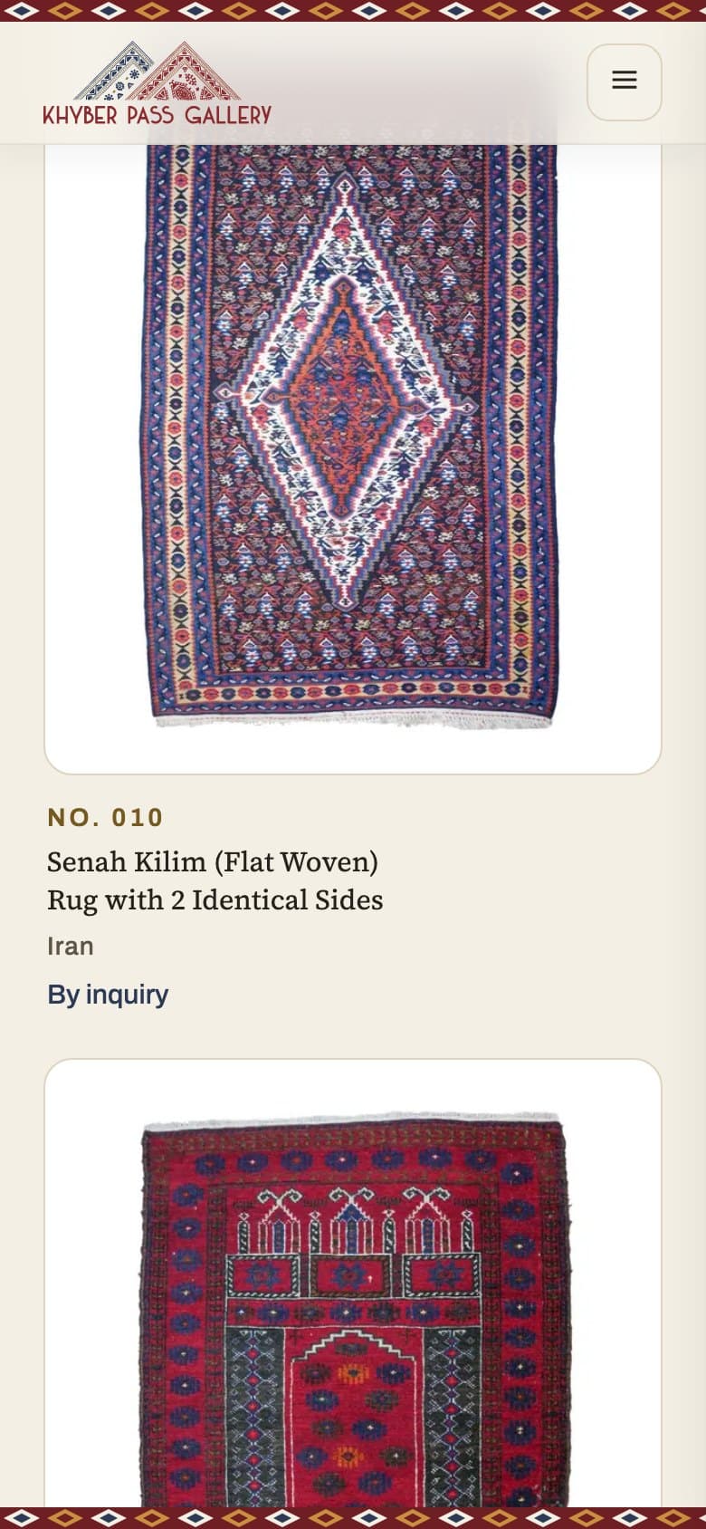 The collection page on a phone: one-of-a-kind pieces, priced by inquiry