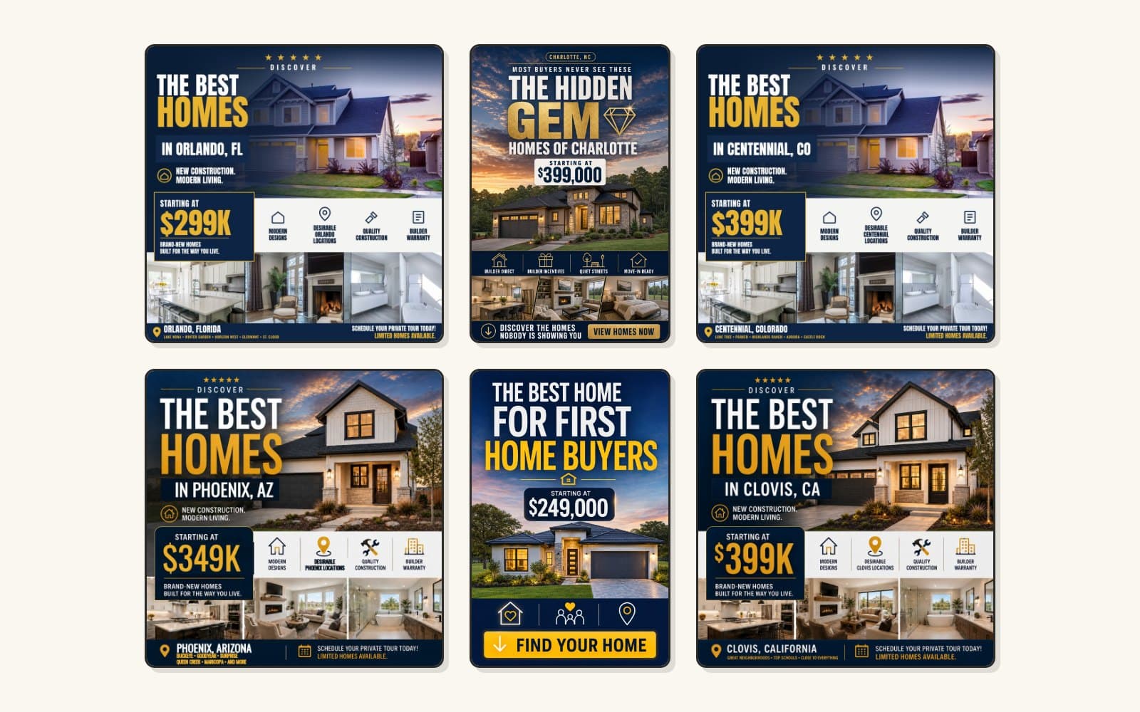 Six image ads for six U.S. markets, from three designs
