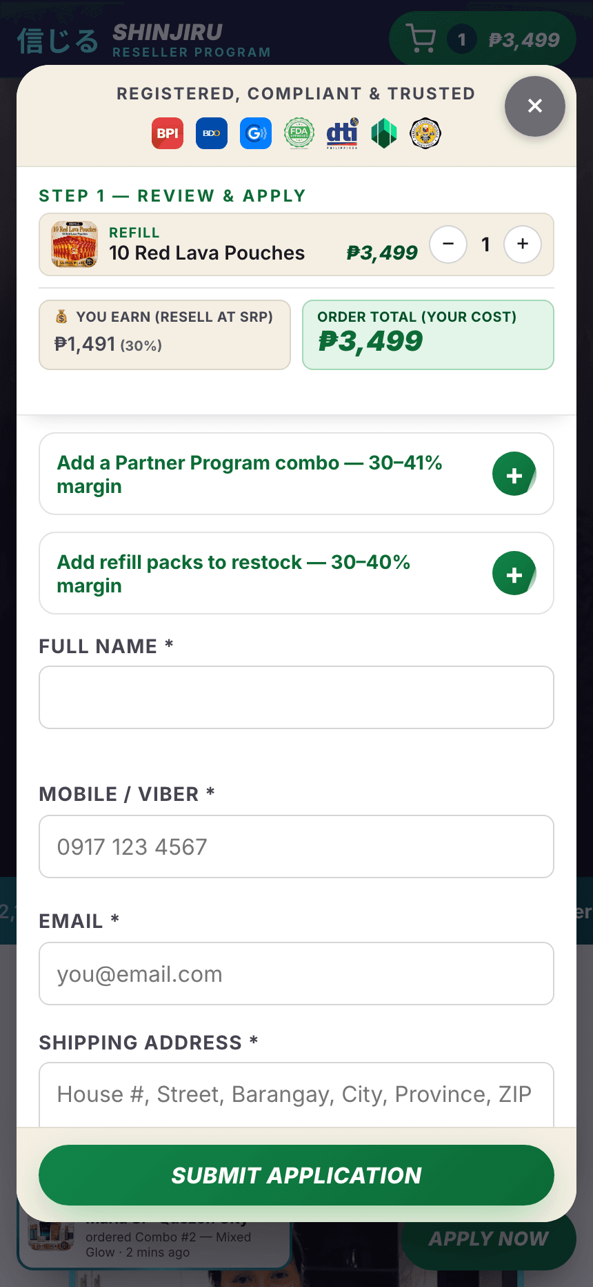Three-stage apply modal — Stage 1 review & apply, live earn-vs-cost math, applicant form