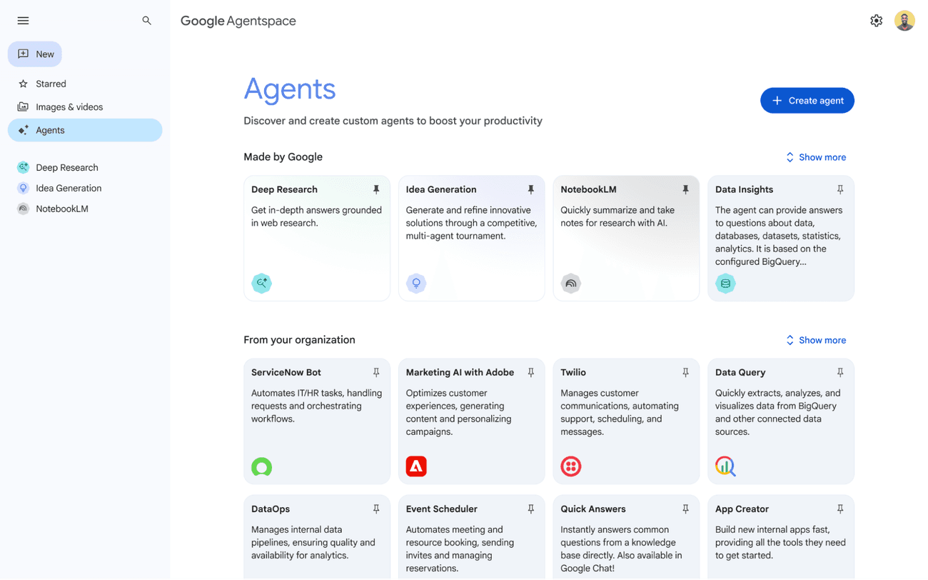 Google Agentspace agent marketplace — A2A-compliant agents from Google, from the buyer's organization, and from third-party vendors surface in a single interface